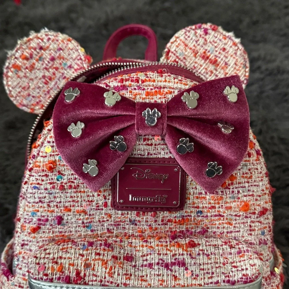 Disney Pink and Red Tweed sparkle loungefly backpack - Picture 2 of 8